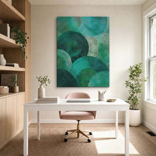 Calming emerald and turquoise circle painting, modern living room wall decor, soothing art