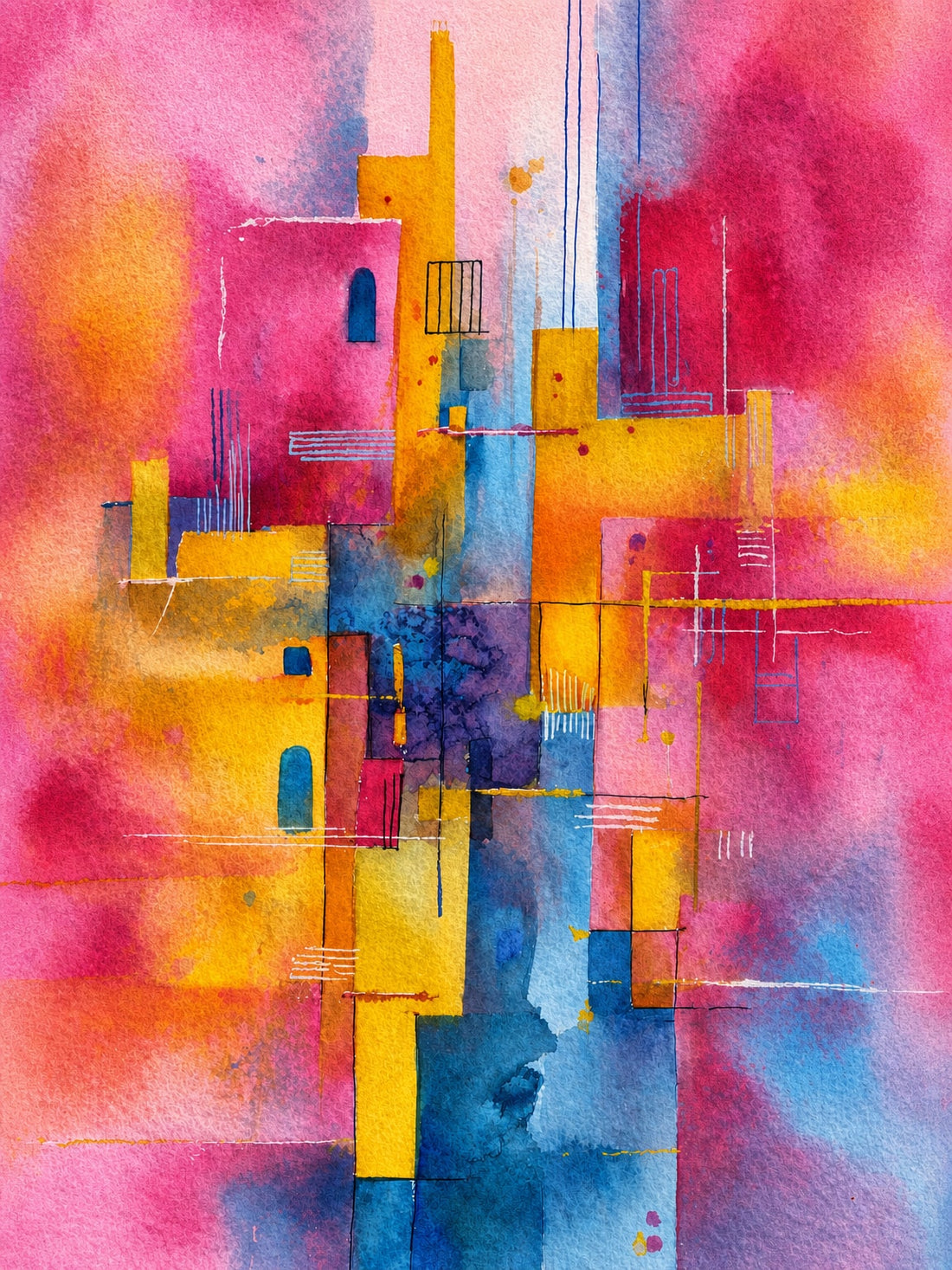 Tableau chambre adulte abstrait géométrique - Couleurs vibrantes rose jaune bleu