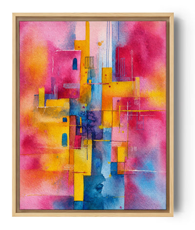 Vibrant pink, yellow and blue geometric abstract print with layered watercolor shapes