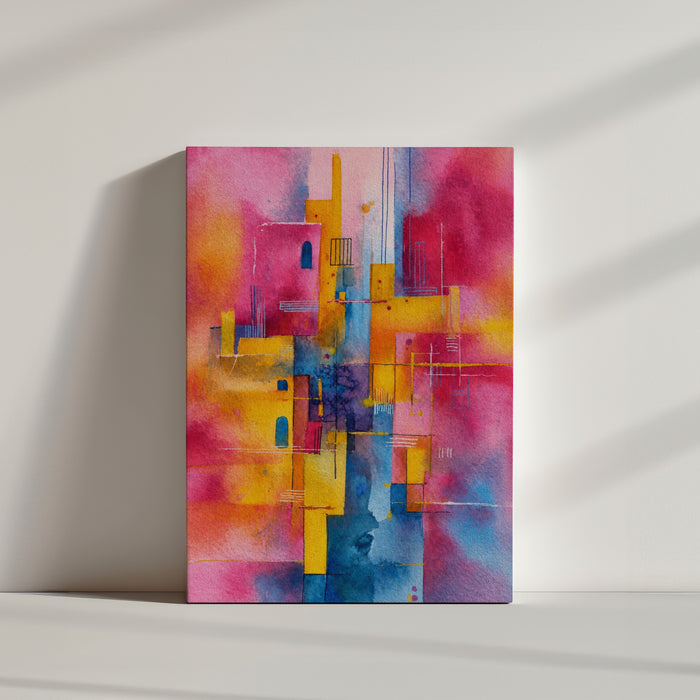 Tableau abstrait chambre adulte aquarelle rose jaune bleu, formes géométriques ambiance minimaliste épurée