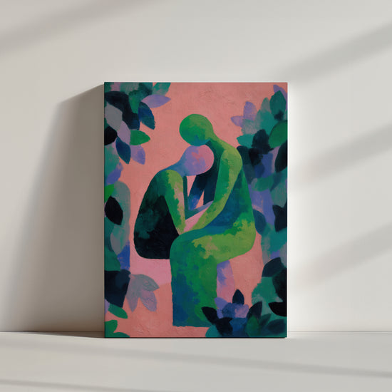 Abstract couple wall art in green, blue and pink on a white wall, minimalist decor