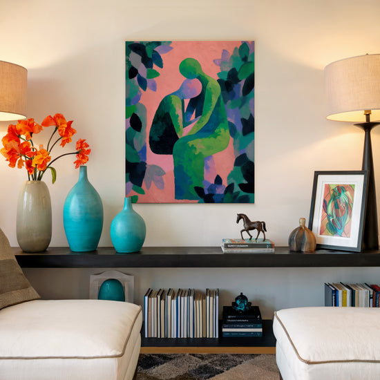 Colorful romantic wall art, minimalist modern living room, abstract couple silhouettes
