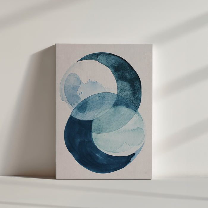 Macro shot of abstract blue circular forms on white, watercolor canvas art