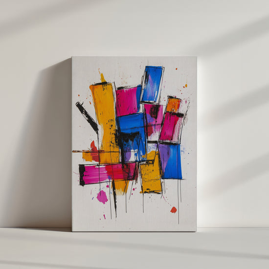 tableau abstrait composé de formes géométriques superposées aux couleurs vives. Des rectangles et des carrés, principalement peints en jaune, rose, bleu, orange, et violet, s'entrecroisent de manière dynamique. Les contours noirs accentuent les formes et apportent du contraste, tandis que des éclaboussures et des traits de peinture confèrent un aspect spontané et énergique à l'œuvre. Le fond blanc met en valeur ces couleurs vibrantes, offrant une composition à la fois chaotique et harmonieuse.