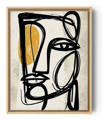 Abstract schilderij met organische zwarte vormen en een okerkleurige toets op een minimalistische beige achtergrond