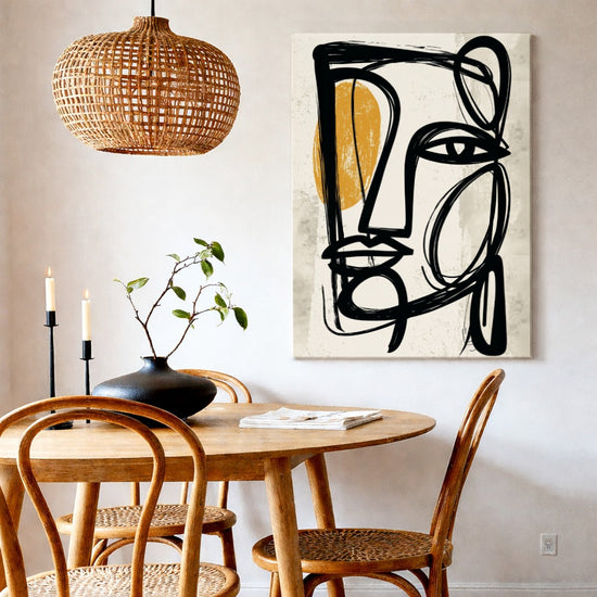 Tableau abstrait formes organiques noires et ocre pour décoration murale salon moderne
