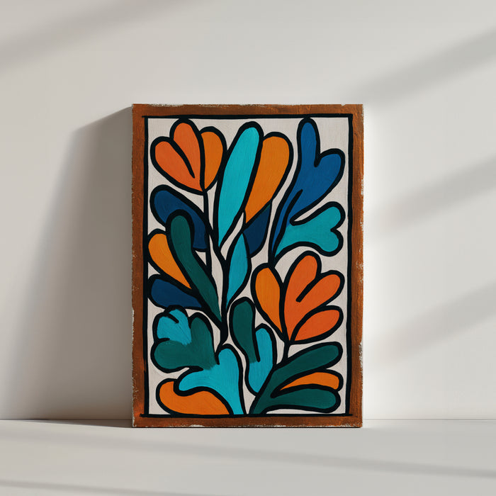 Tableau mural abstrait aux motifs organiques colorés, tons orange et bleu, style moderne