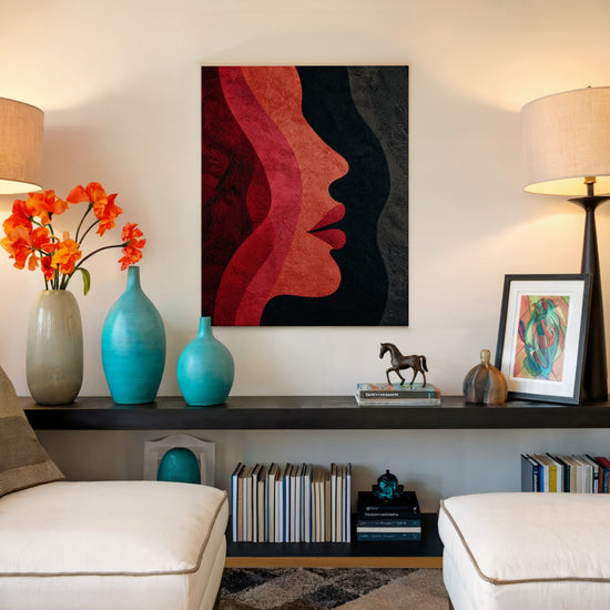 Red and black abstract wall art for a modern minimalist living room