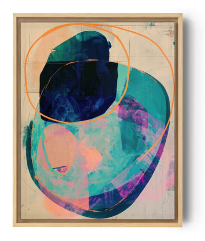 Modern abstract wall art with overlapping turquoise, blue, violet and orange forms on a textured neutral canvas