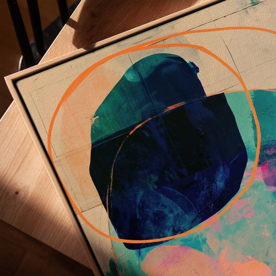 Tableau abstrait formes organiques turquoise bleu orange décoration salon moderne texture toile