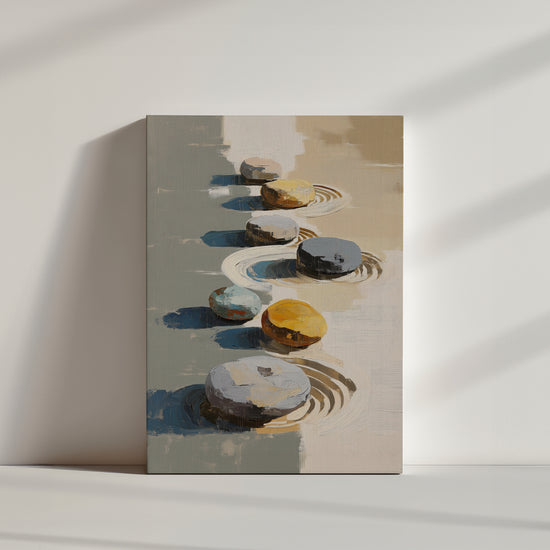 Abstract painting of colorful Zen stones on a textured beige and blue background, serene wall art