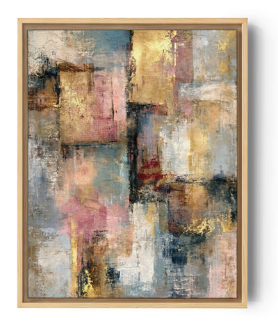 Cuadro abstracto moderno en tonos dorados, rosa y azul, texturas superpuestas, estilo contemporáneo