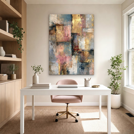 Contemporary abstract wall art with layered textures, gold, blush and blue, perfect for serene interiors