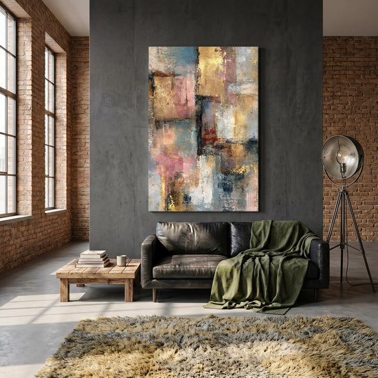 Contemporary abstract painting with gold highlights and soft pastels, living room wall decor