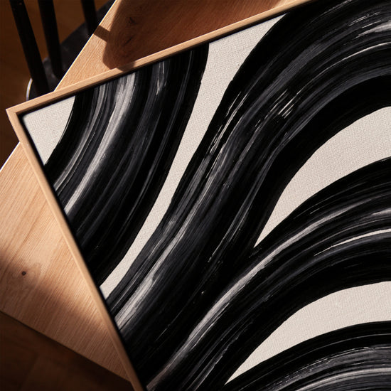 Tableau abstrait noir et blanc courbes dynamiques décoration salon moderne style Soulages