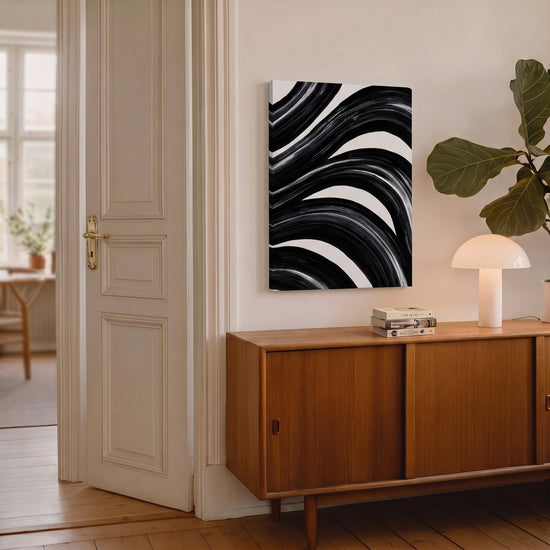 Tableau abstrait noir et blanc courbes dynamiques pour décoration salon moderne minimaliste