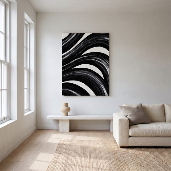 Tableau abstrait noir et blanc courbes dynamiques décoration murale salon moderne