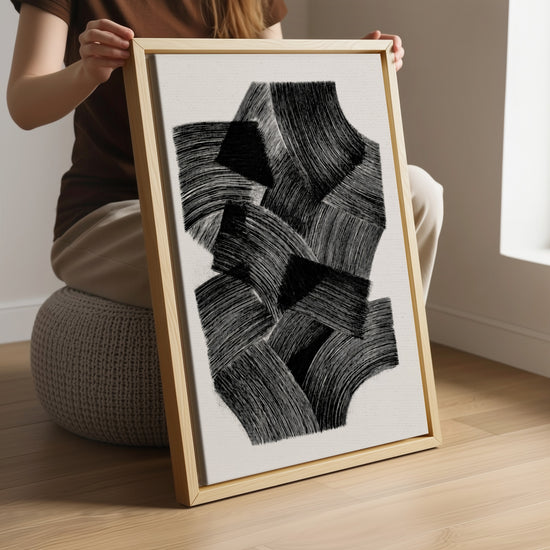 Abstraktes Bild in Schwarz und Grau im Stil von Soulages, organische Linien – moderne Wanddeko