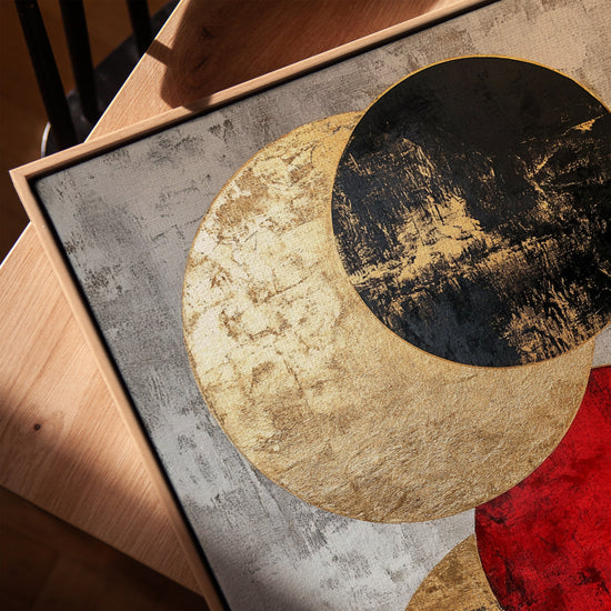 Tableau abstrait cercles dorés noir rouge pour salon zen minimaliste