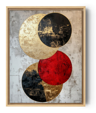 Ein abstraktes Wandbild mit goldenen, schwarzen und roten Kreisen auf einem strukturierten grauen Hintergrund, ideal für eine moderne und elegante Dekoration.