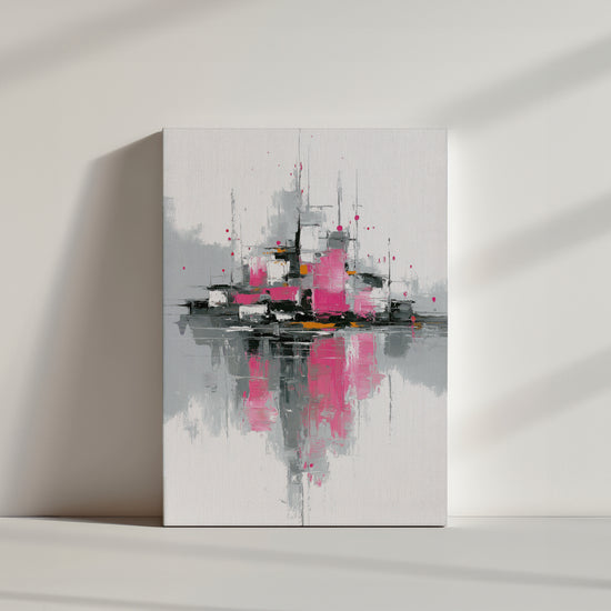 Contemporary abstract canvas, pink and gray brushstrokes, modern urban style