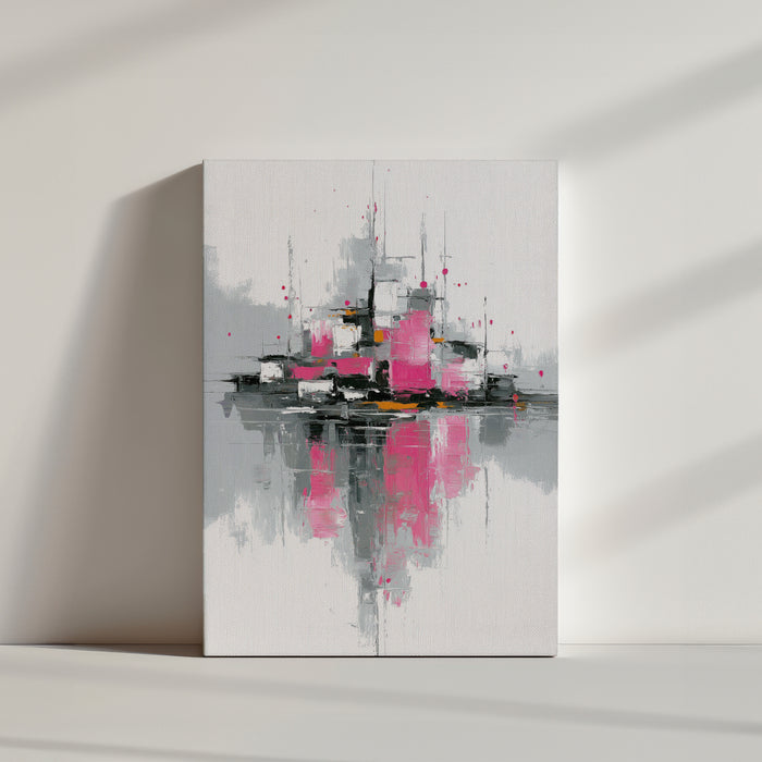 Contemporary abstract canvas, pink and gray brushstrokes, modern urban style