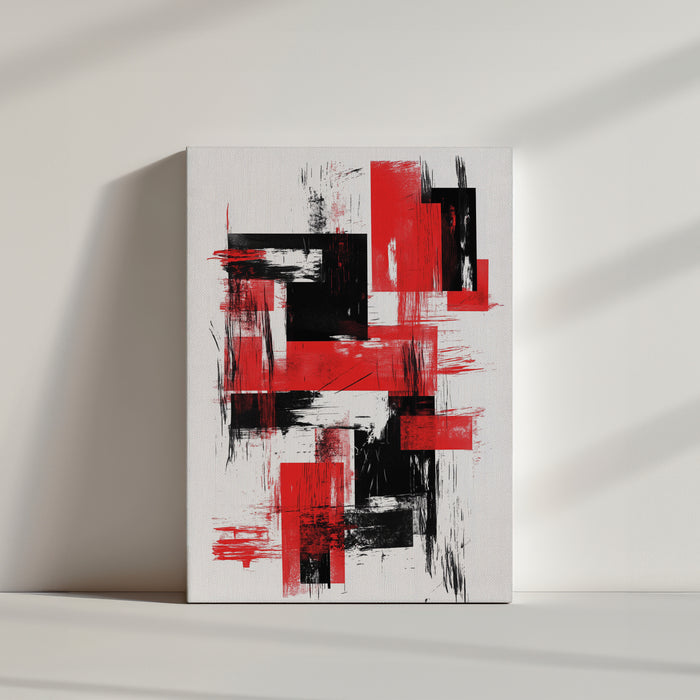 Abstract art on a white background with overlapping red and black rectangles and a scratched texture, raw dynamic style, unframed with no surrounding decor