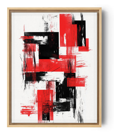 Œuvre abstraite sur fond blanc, composée de rectangles rouges et noirs superposés avec des effets de grattage. Style brut, dynamique, sans encadrement ni éléments décoratifs autour.