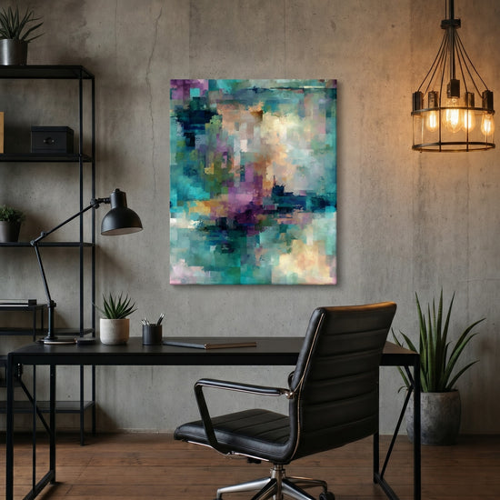 Turquoise and mauve abstract canvas for a modern living room, calming light