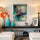Turquoise, purple, and beige abstract wall art for a minimalist modern living room
