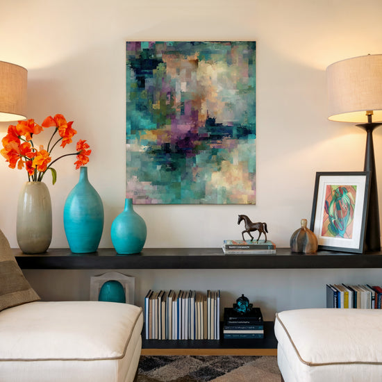 Turquoise, purple, and beige abstract wall art for a minimalist modern living room