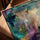 Textured turquoise, purple, and beige abstract painting in a modern living room, soothing wall art
