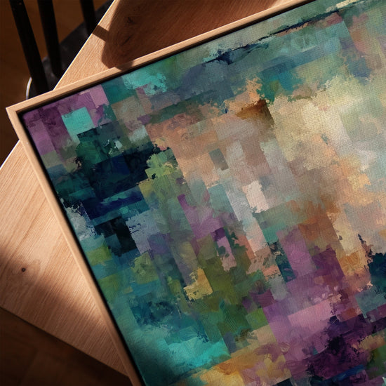 Textured turquoise, purple, and beige abstract painting in a modern living room, soothing wall art