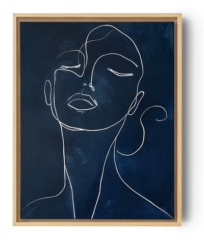 Minimalist abstract female face line drawing in white on deep navy/midnight blue, contemporary wall decor