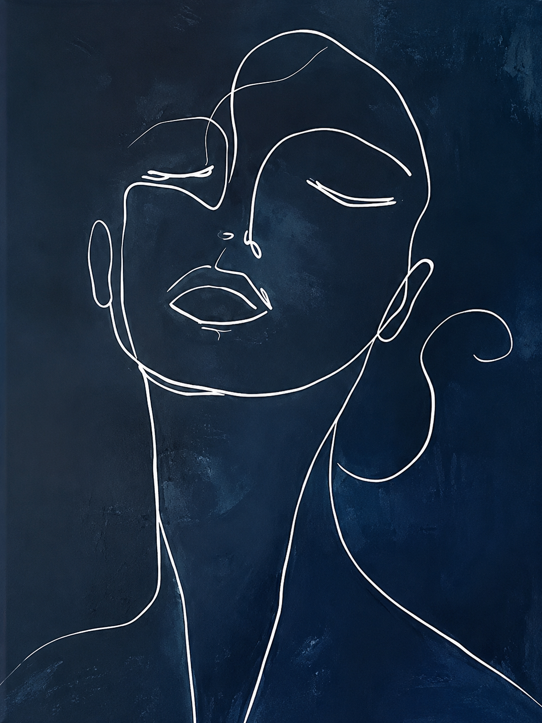 Abstract Line Art Female Face — White One‑Line on Midnight Blue