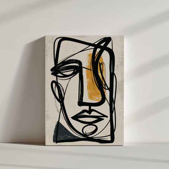 Tableau abstrait visage lignes noires et or pour décoration murale minimaliste épurée