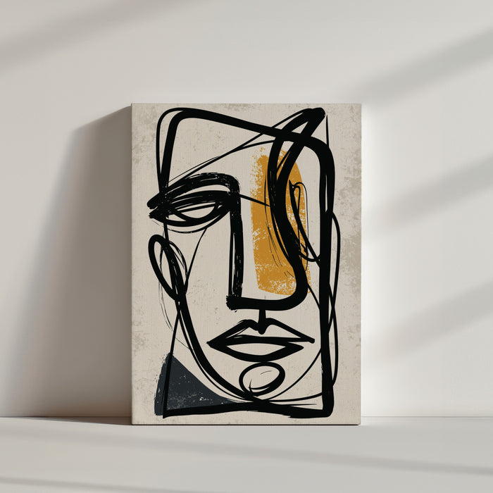 Tableau abstrait visage lignes noires et or pour décoration murale minimaliste épurée