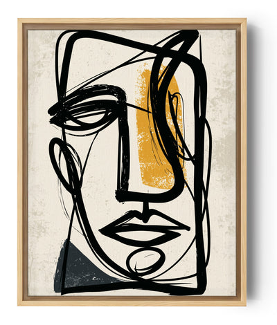 Abstract face wall art with bold black linework, ochre and gray accents, modern canvas