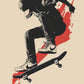 Tableau skateur en Nike faisant une figure sur son skateboard avec un fond rouge éclaboussé