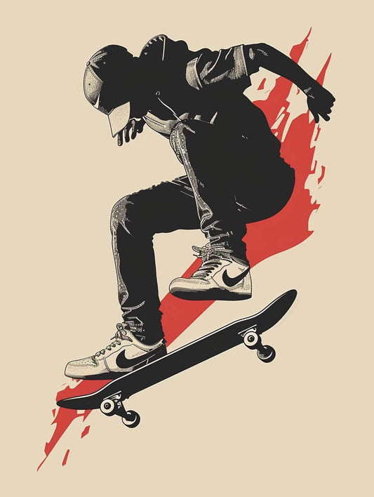 Tableau skateur en Nike faisant une figure sur son skateboard avec un fond rouge éclaboussé