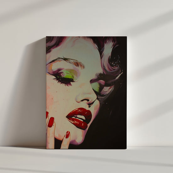 Affiche du visage de Marilyn Monroe, maquillage, fond noir.