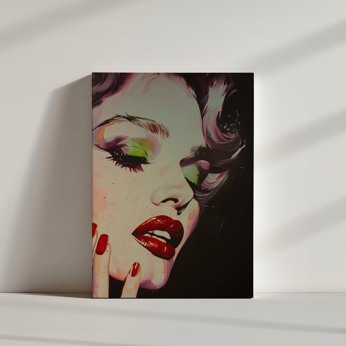 Affiche du visage de Marilyn Monroe, maquillage, fond noir.