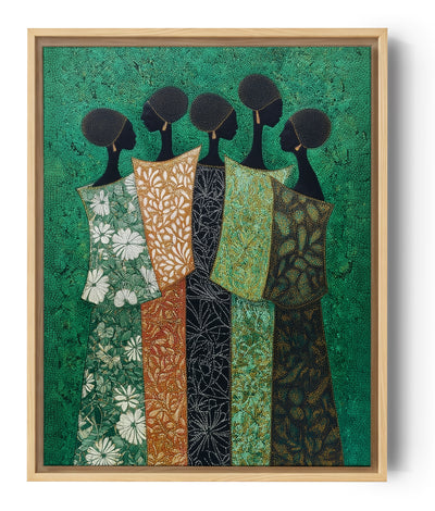 African sisterhood canvas, five women in floral and geometric ancestral patterns, emerald backdrop