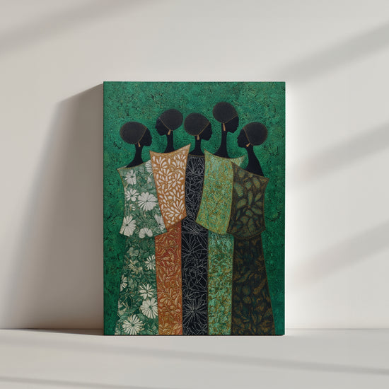 Tableau africain 5 femmes silhouettes robes motifs floraux vert émeraude décoration murale salon contemporain