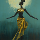 femme africaine dansant sur un champ vert, dans le style de l'or foncé et de l'aigue-marine, du réalisme délicat, de l'indigo foncé et du turquoise, de l'art inspiré par la foi, du pinceau épuré et élégant, 
