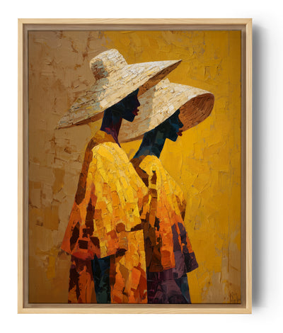 Afrikanisches Wandbild zwei Frauen Strohhüte Gelb- und Orangetöne Spachteltechnik-Stil