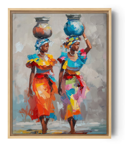 African wall art with two women carrying water jars, colorful traditional attire, modern style