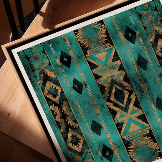 Tableau motifs africains géométriques dorés turquoise pour salon scandinave