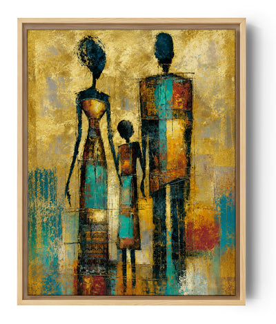 Drie silhouetten op gepatineerde gouden achtergrond, modern Afrikaans schilderij in turquoise en terracotta