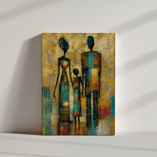 Tableau africain famille stylisée abstraite fond doré décoration murale ambiance minimaliste épurée